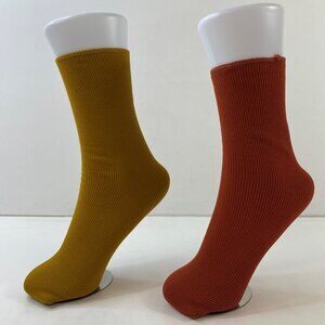 Womens Crew Socks Set 2 Solid Ribbed Mustard Yellow Rust Red
